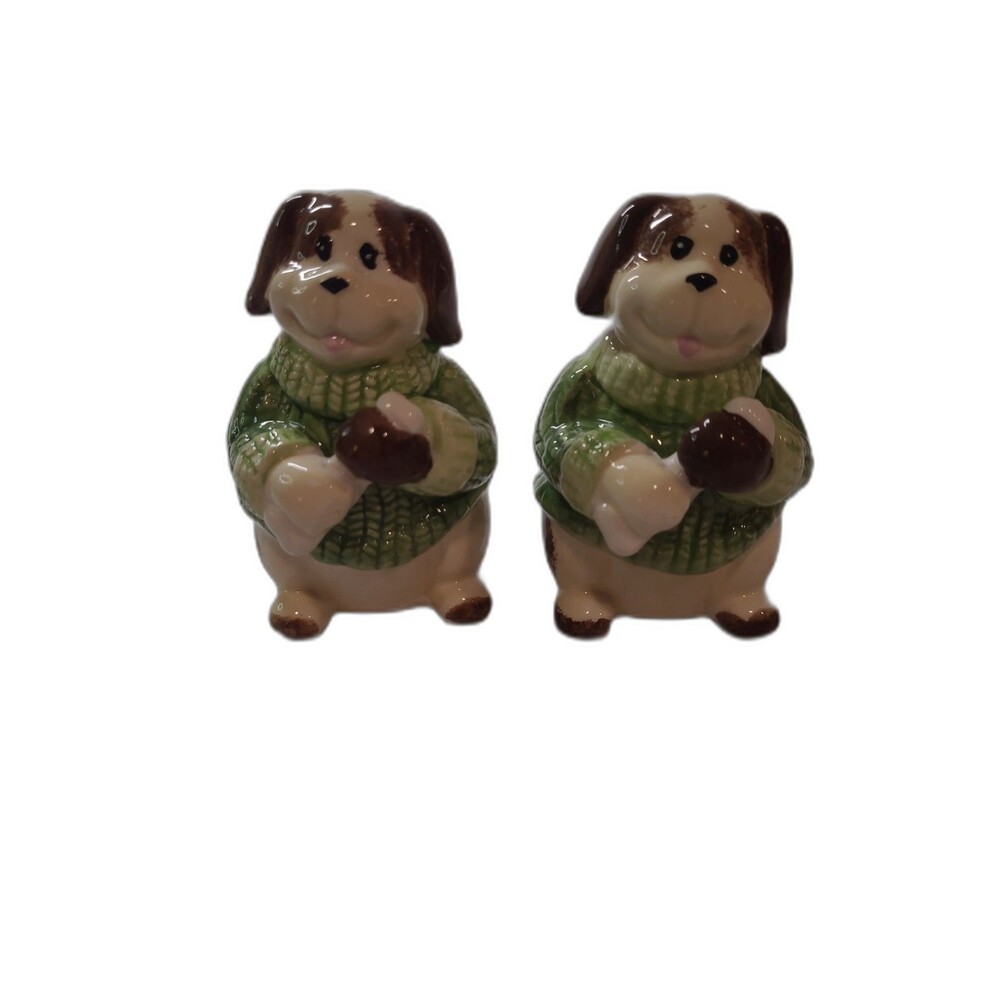 Dog Salt & Pepper Shaker Set – Dolomite Sitting Dogs in Green Sweaters, Decorati